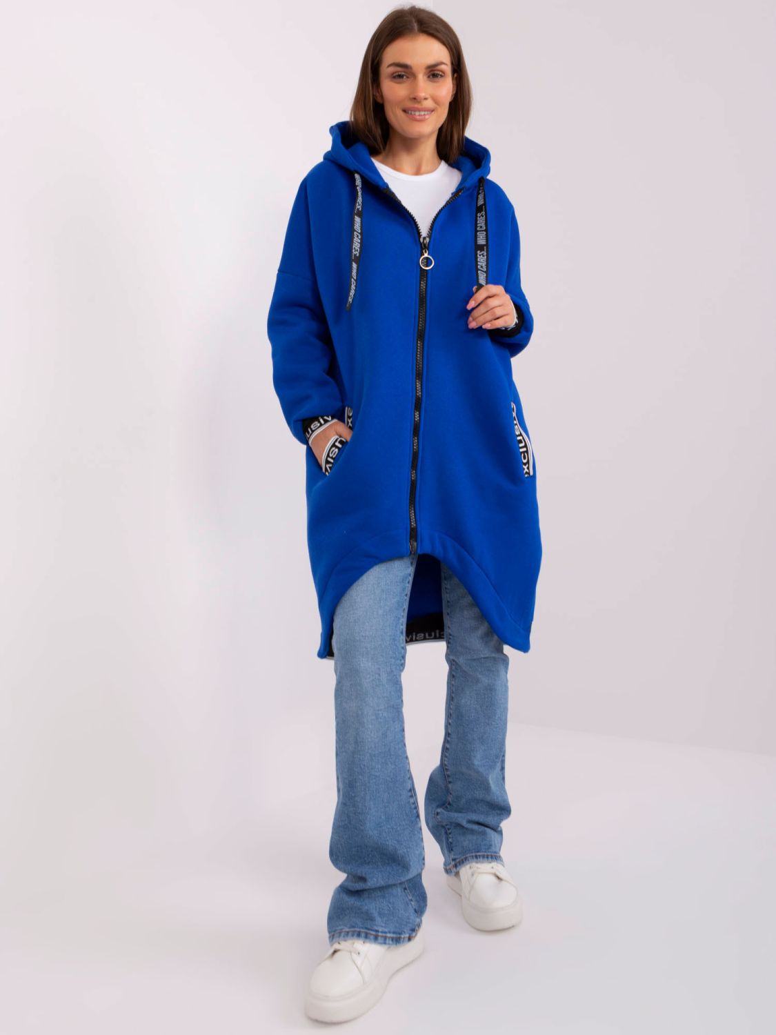 Cobalt Long Zip-Up Hoodie with Prints