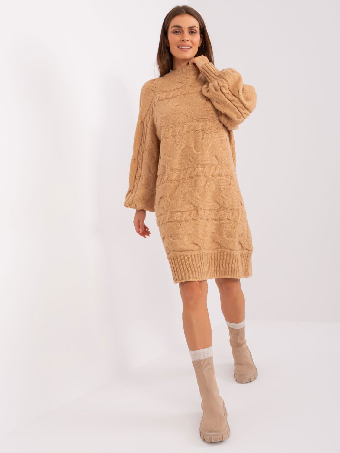 Camel Knitted Dress with Braids