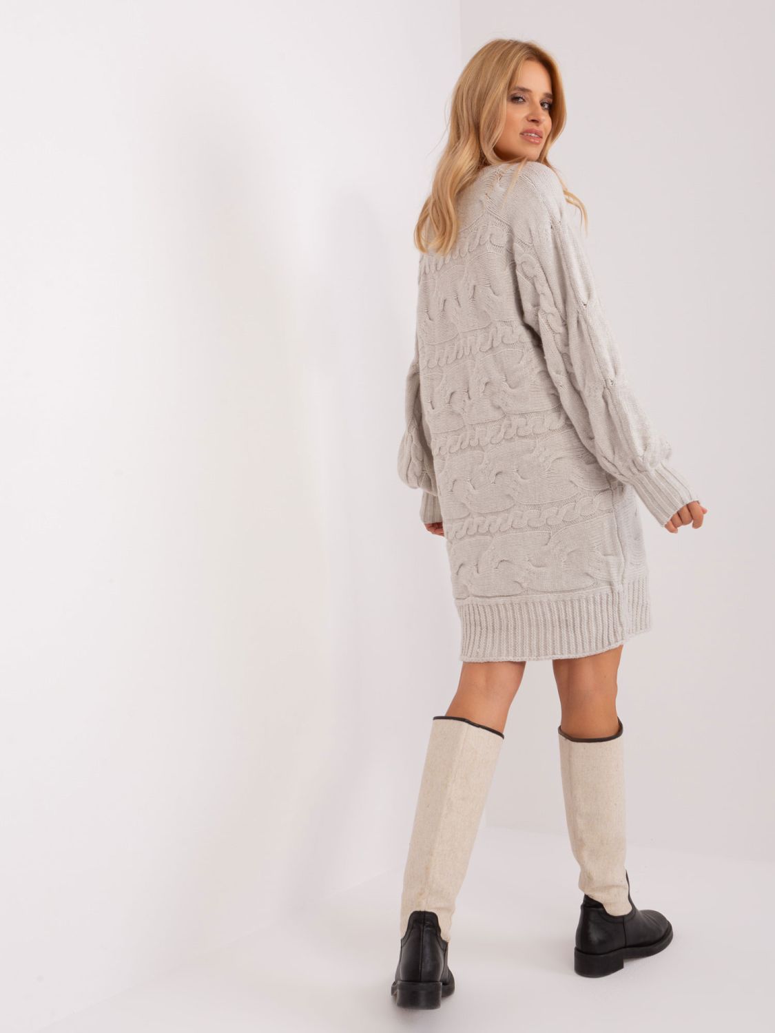 Light Beige Knitted Dress with Puff Sleeves