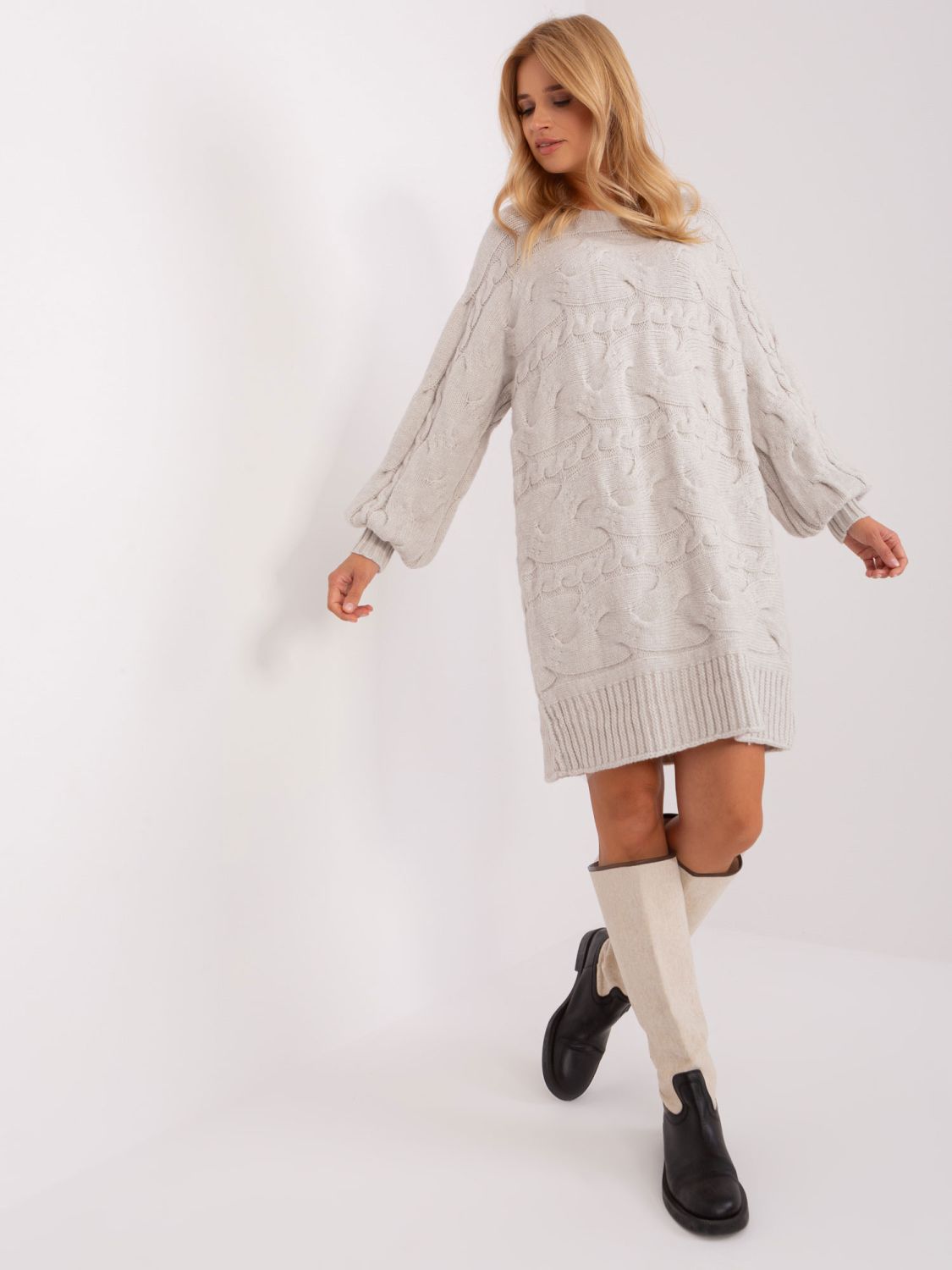 Light Beige Knitted Dress with Puff Sleeves
