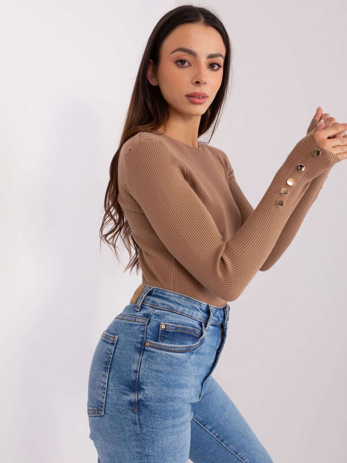 Classic Women's Sweater in Camel Color with Buttons