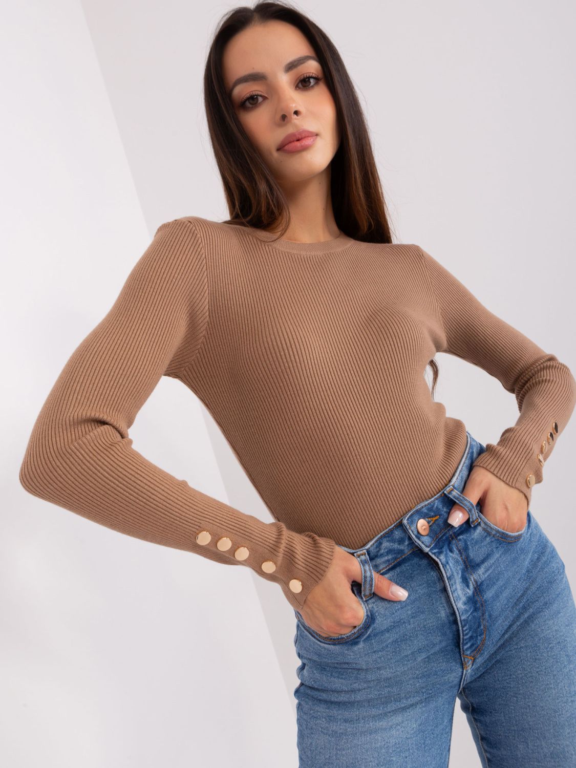 Classic Women's Sweater in Camel Color with Buttons