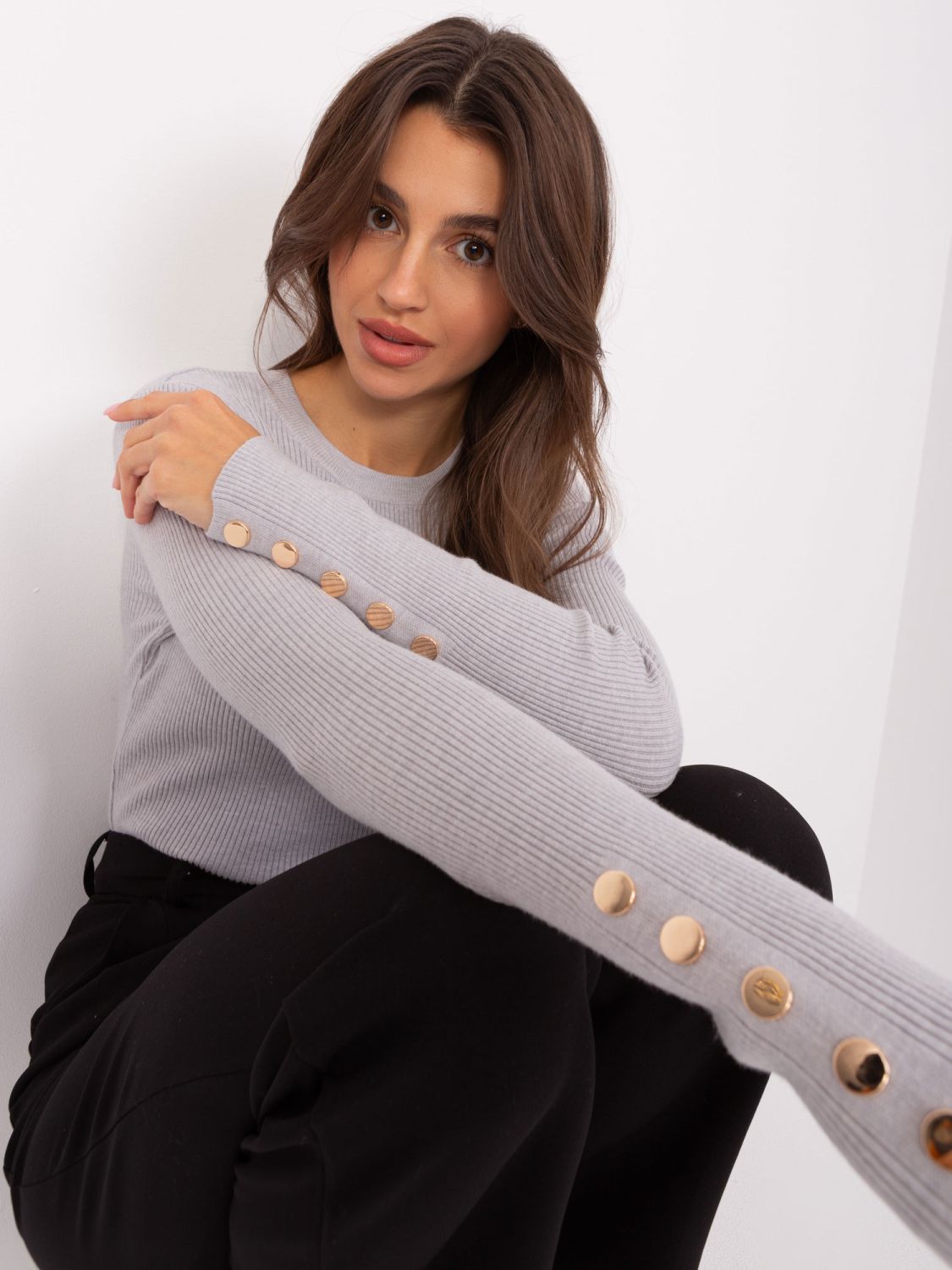 Gray Classic Sweater with Buttons on Sleeves