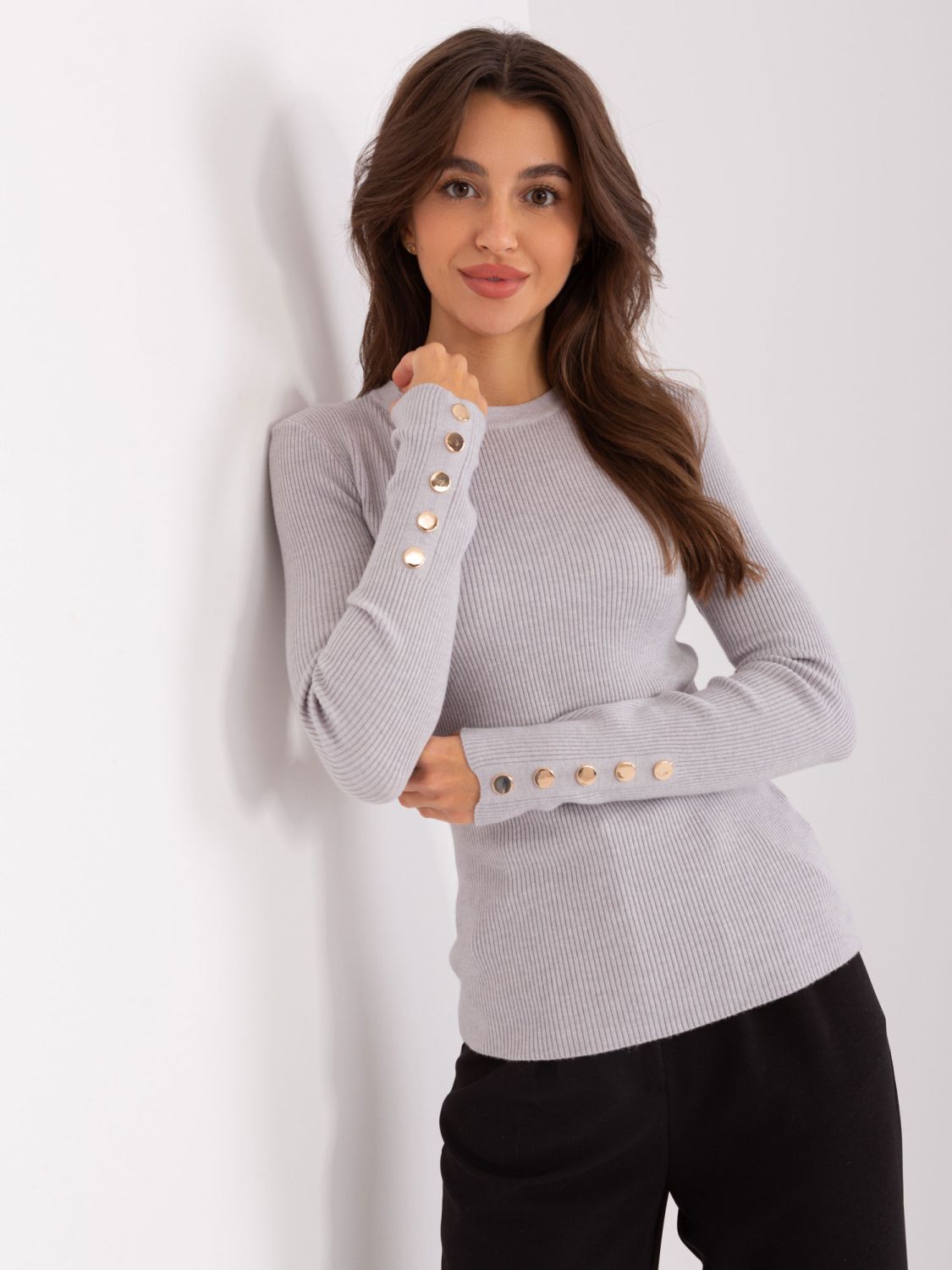 Gray Classic Sweater with Buttons on Sleeves