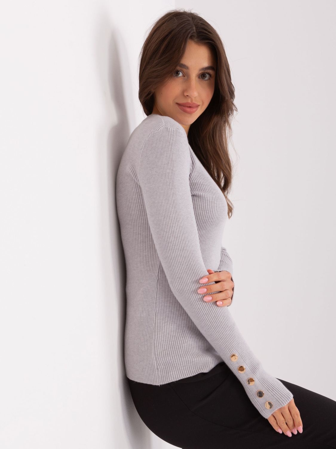 Gray Classic Sweater with Buttons on Sleeves