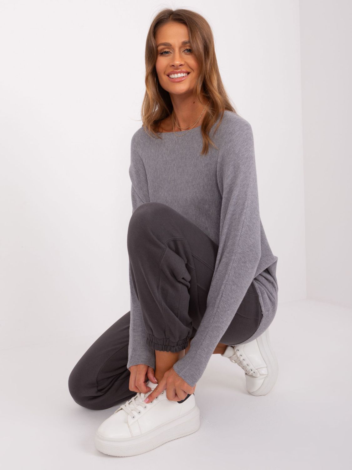 Gray Oversize Sweater with Boat Neck