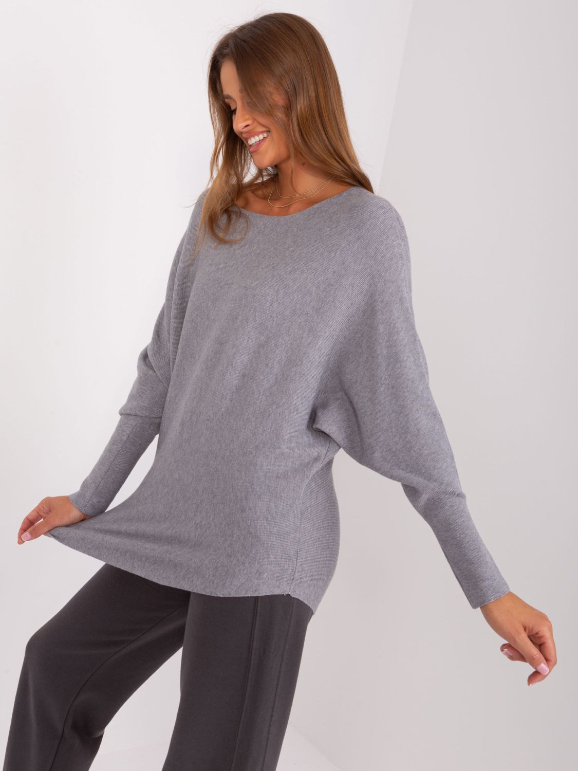 Gray Oversize Sweater with Boat Neck