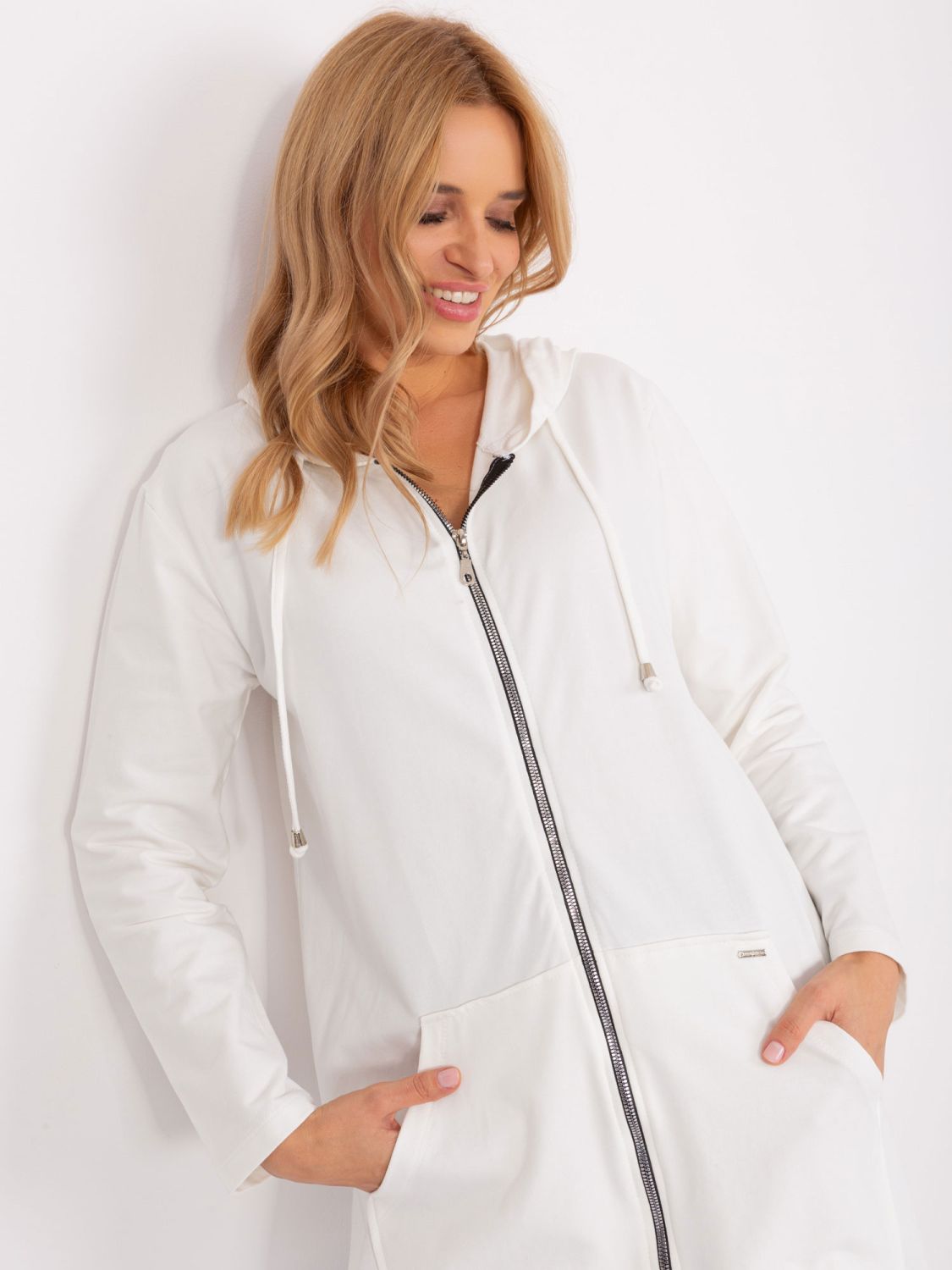 Ecru Long Zip-Up Hoodie in Cotton