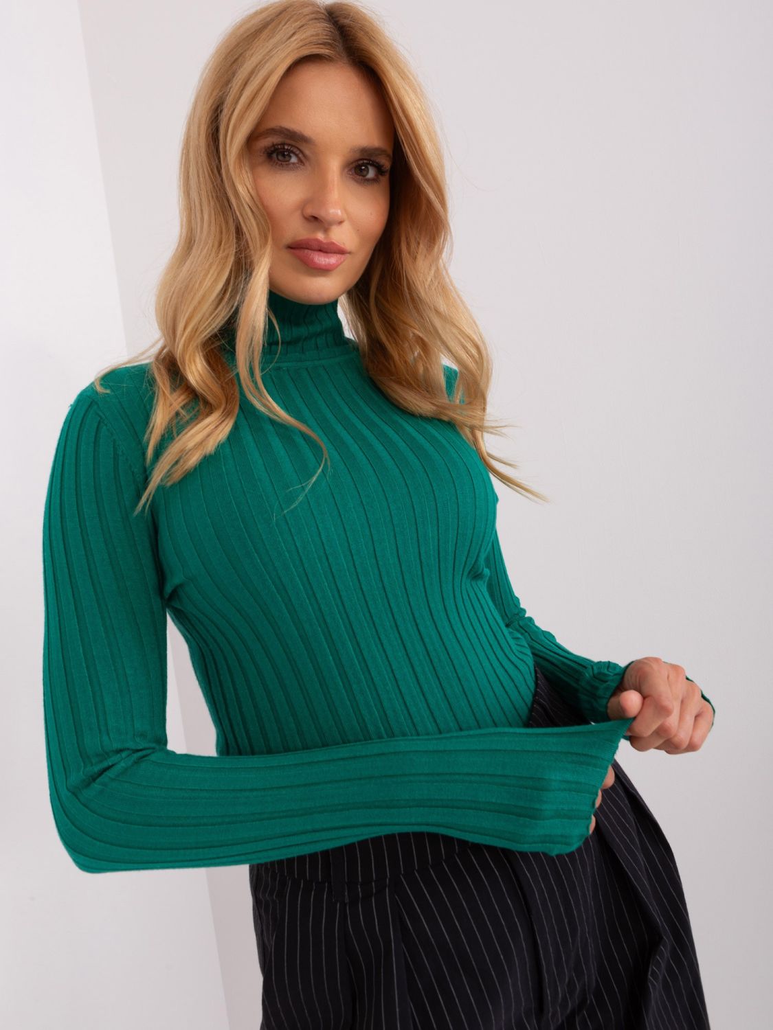 Green Fitted Knitted Sweater with Turtleneck