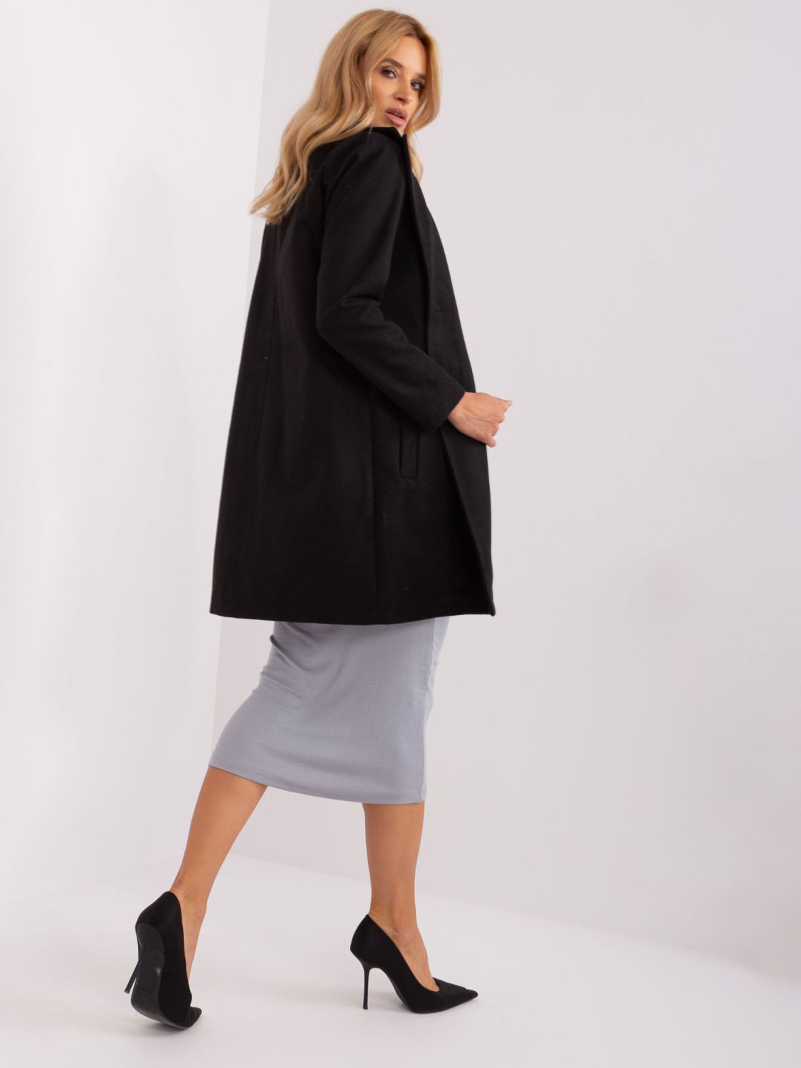 Black Transitional Coat with Buttons and Pockets