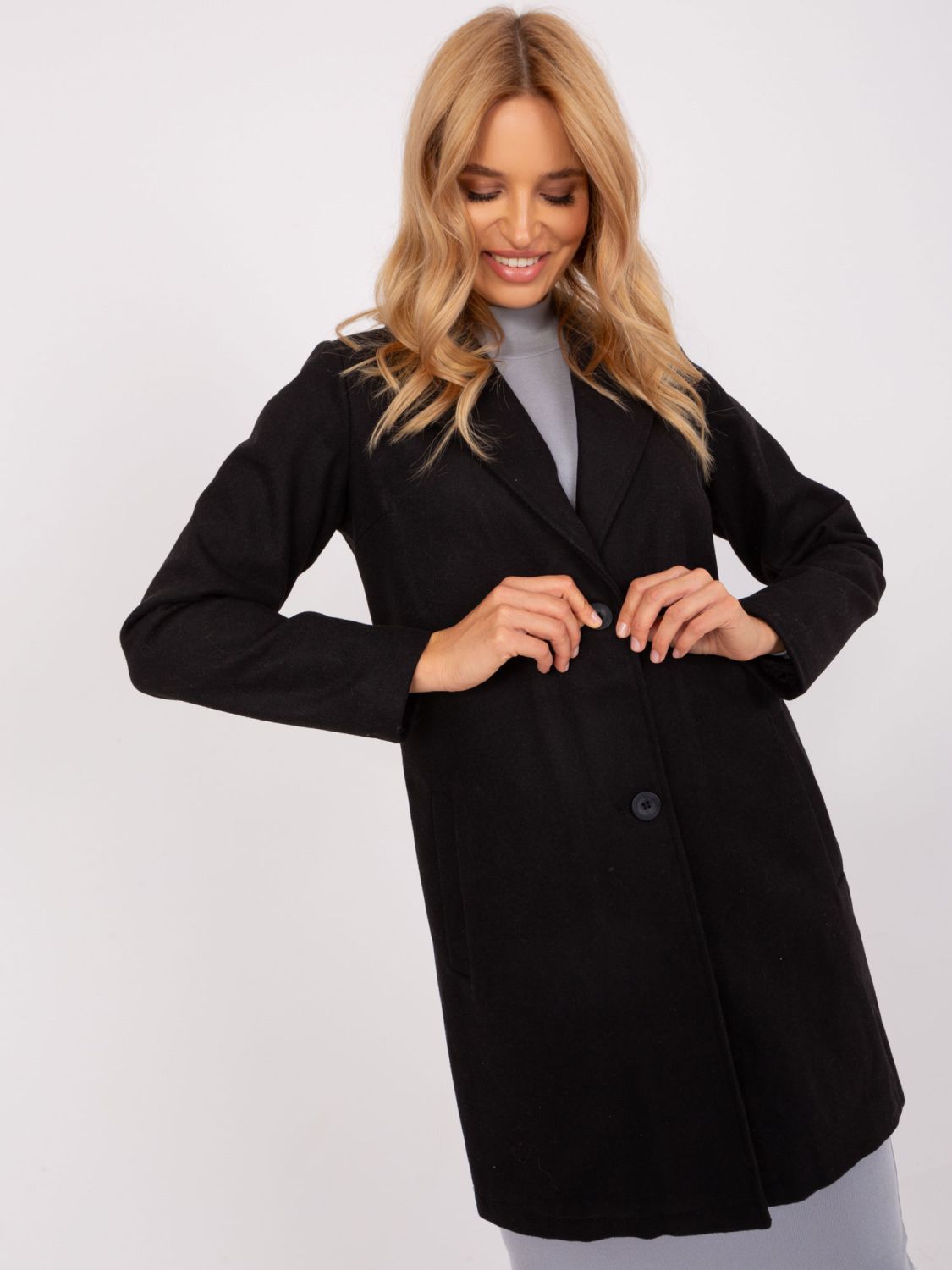 Black Transitional Coat with Buttons and Pockets