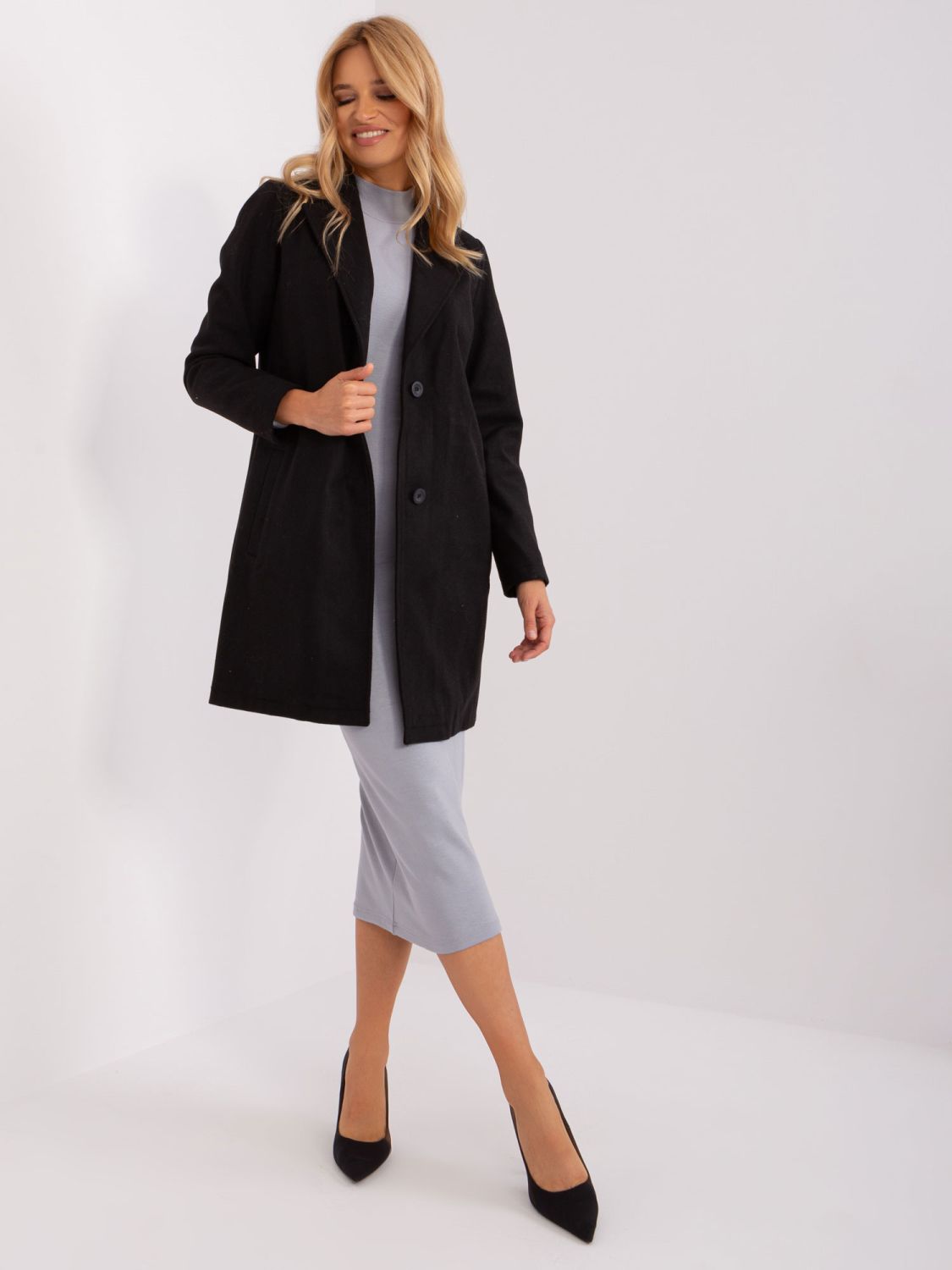 Black Transitional Coat with Buttons and Pockets