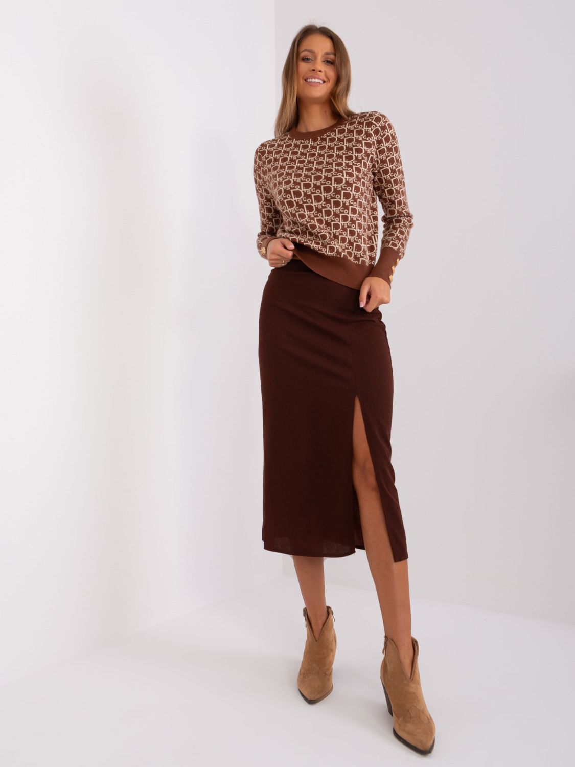 Dark Brown Midi Skirt with Slit