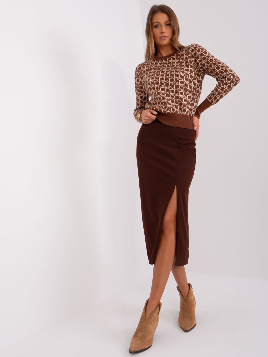 Dark Brown Midi Skirt with Slit