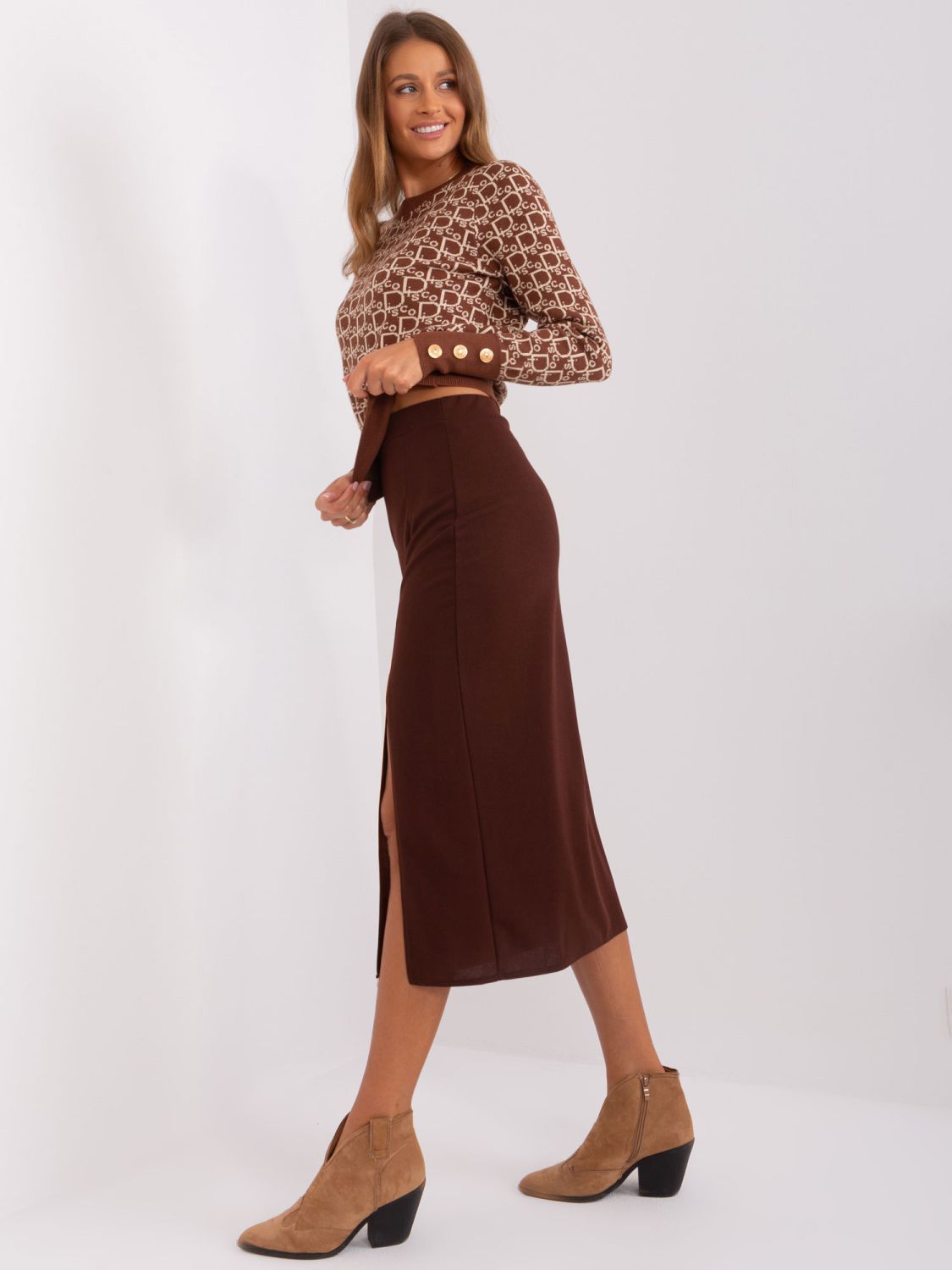 Dark Brown Midi Skirt with Slit