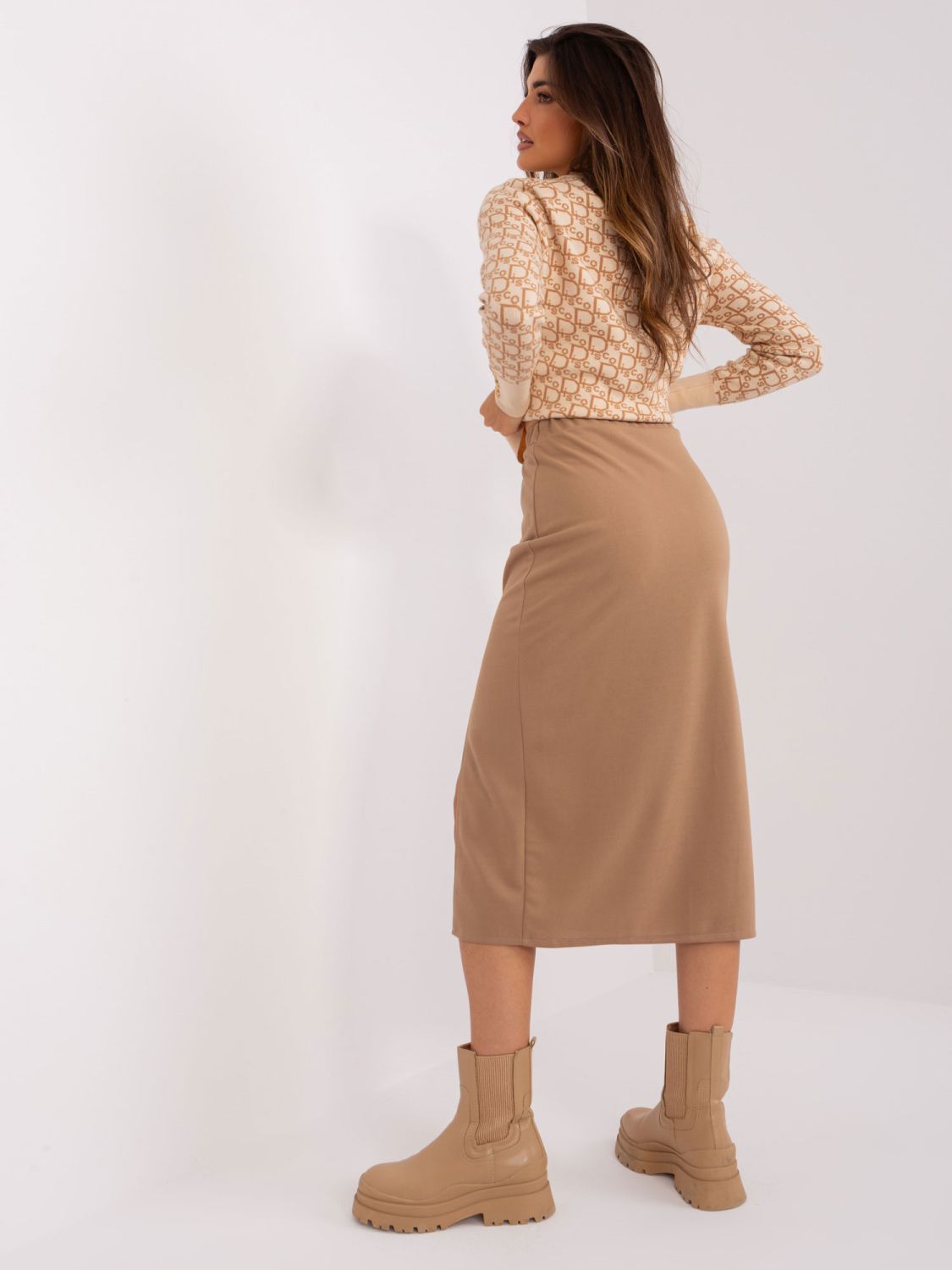 Brown Trapeze Skirt with Slit