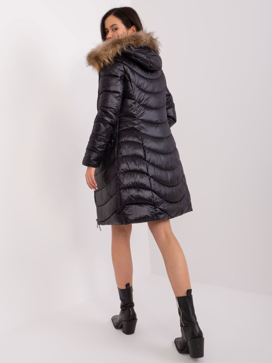 Black Winter Quilted Jacket with Fur