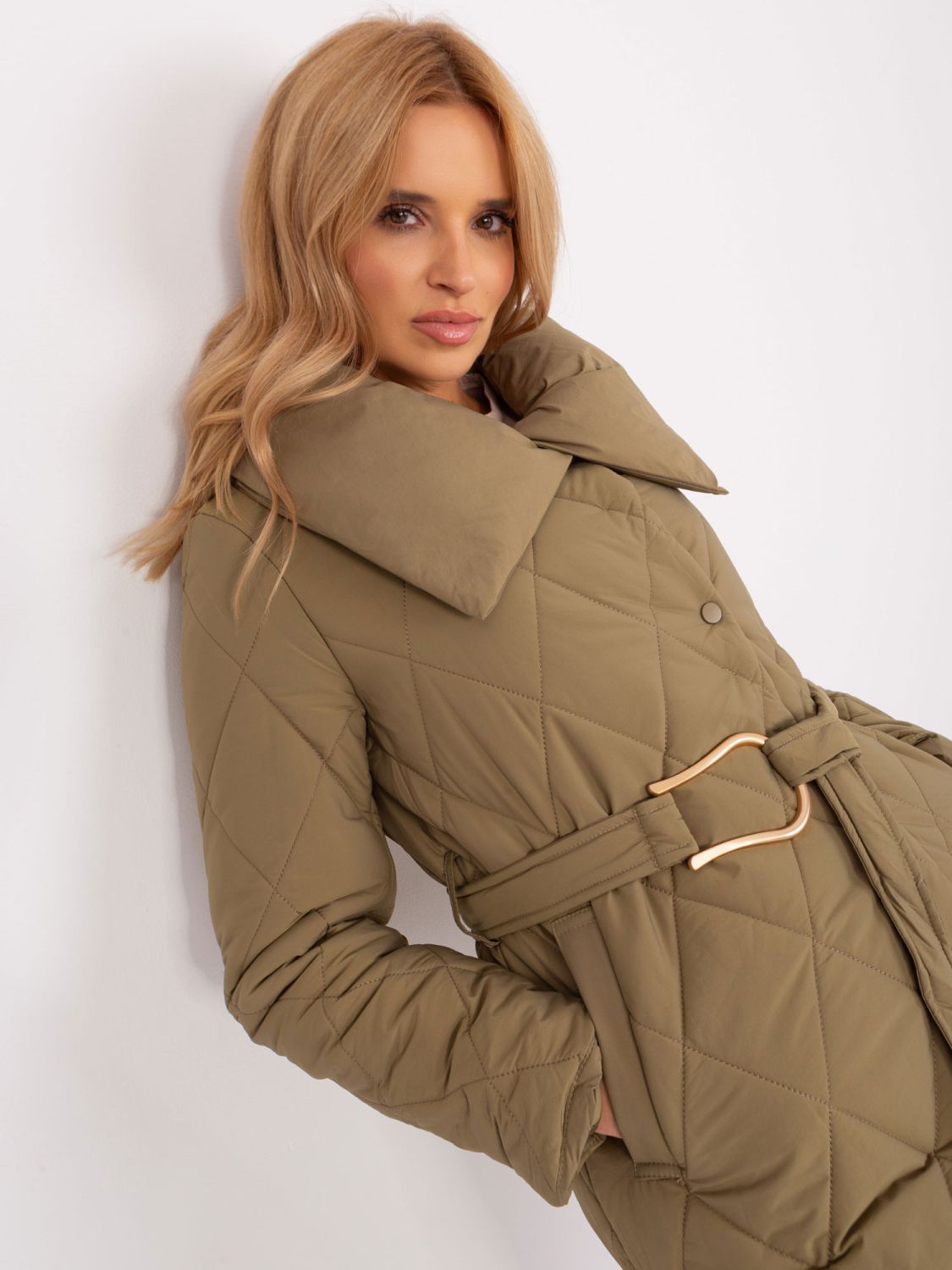 Khaki Long Winter Jacket with Quilting