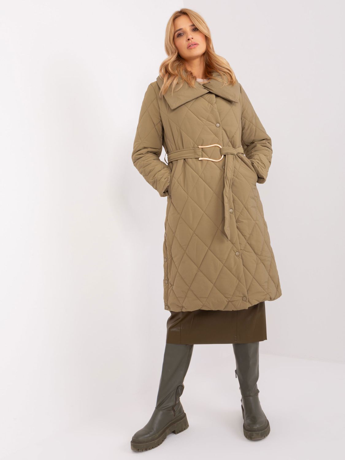 Khaki Long Winter Jacket with Quilting