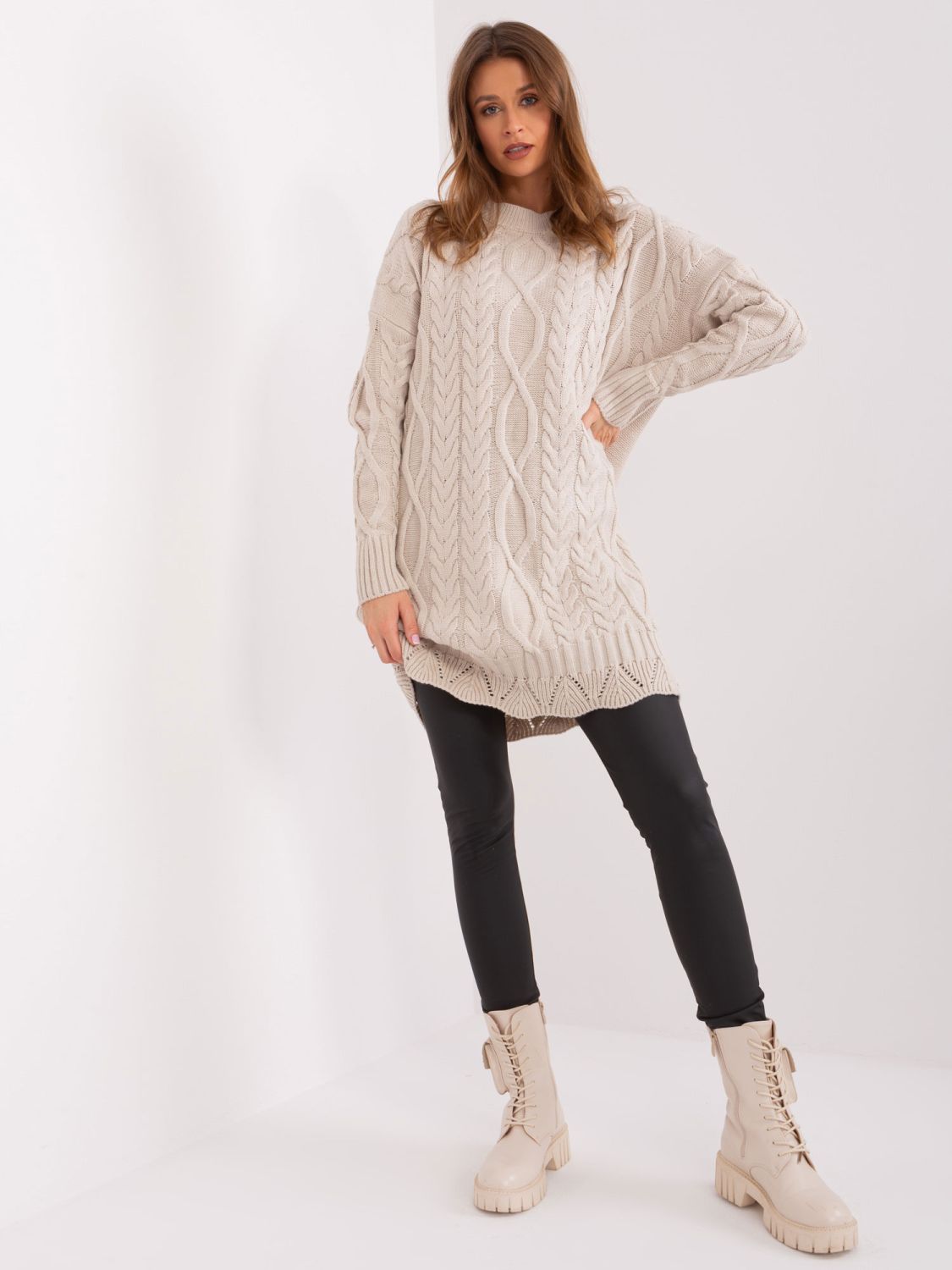 Beige Midi Dress with Long Sleeves