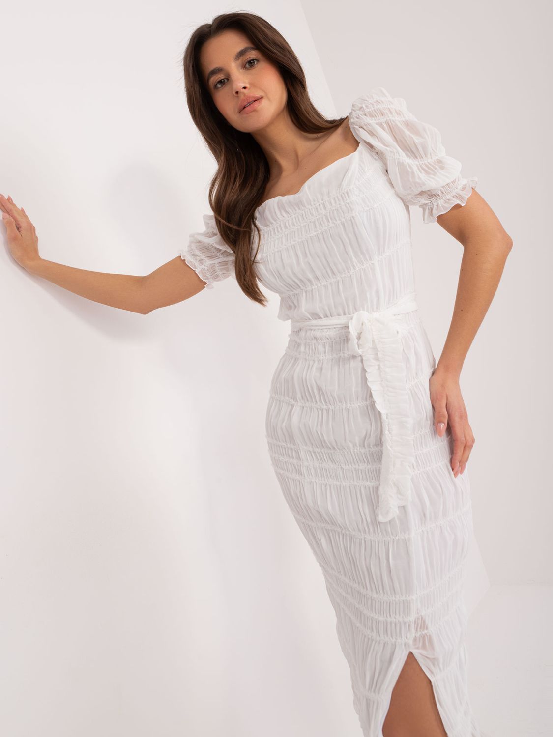 White Midi Dress with Puff Sleeves