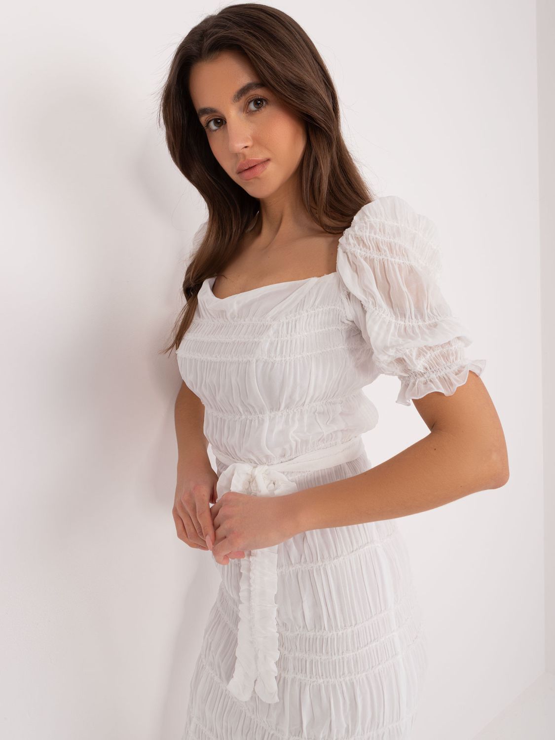 White Midi Dress with Puff Sleeves