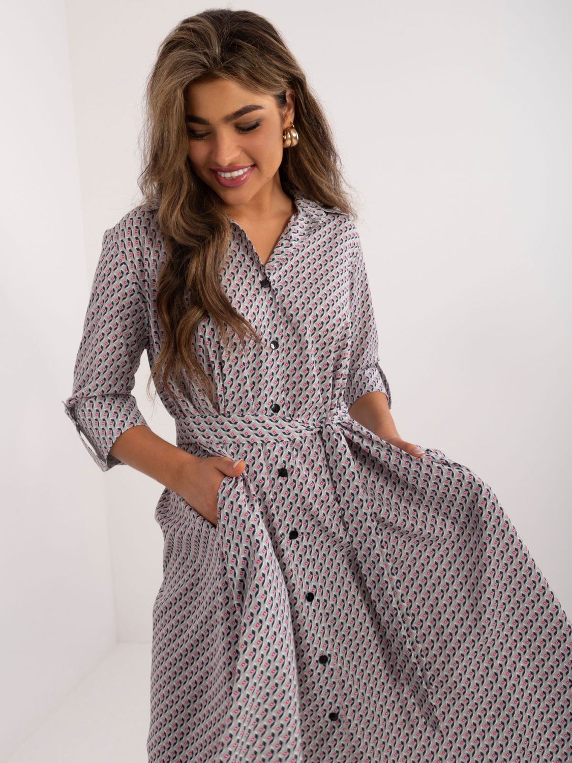 Elegant Gray Midi Dress with 3/4 Sleeves