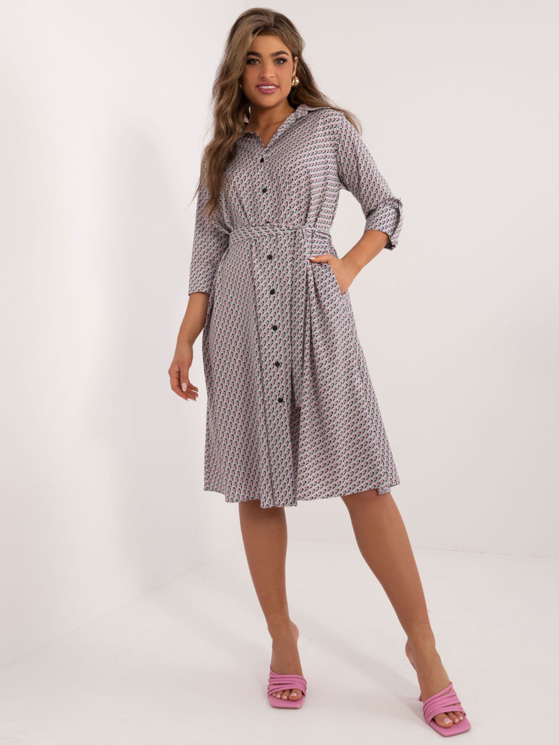 Elegant Gray Midi Dress with 3/4 Sleeves