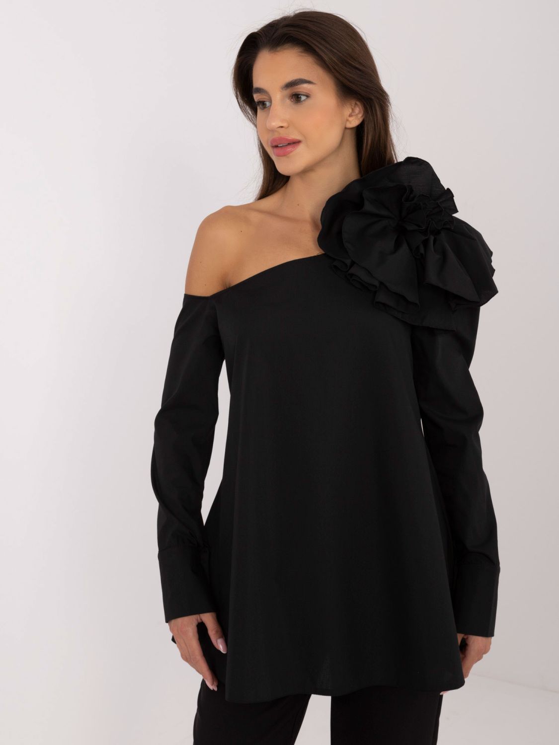 Elegant Black Blouse with Asymmetrical Neckline