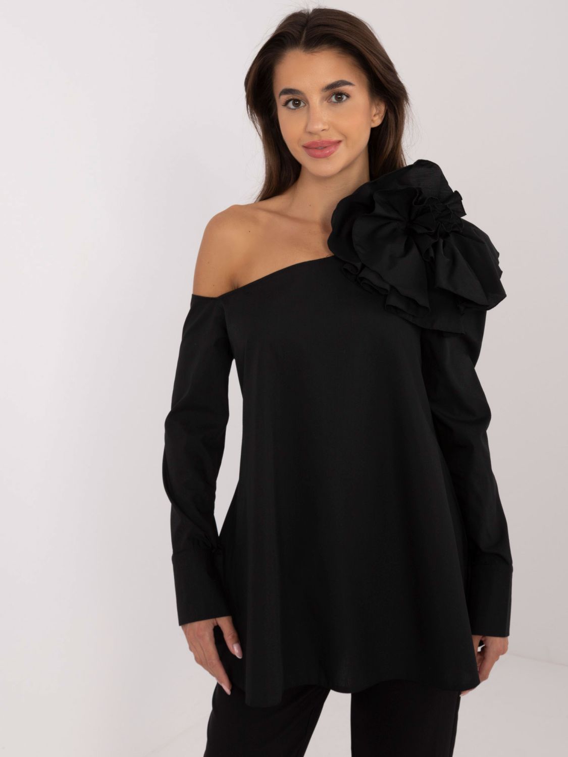 Elegant Black Blouse with Asymmetrical Neckline