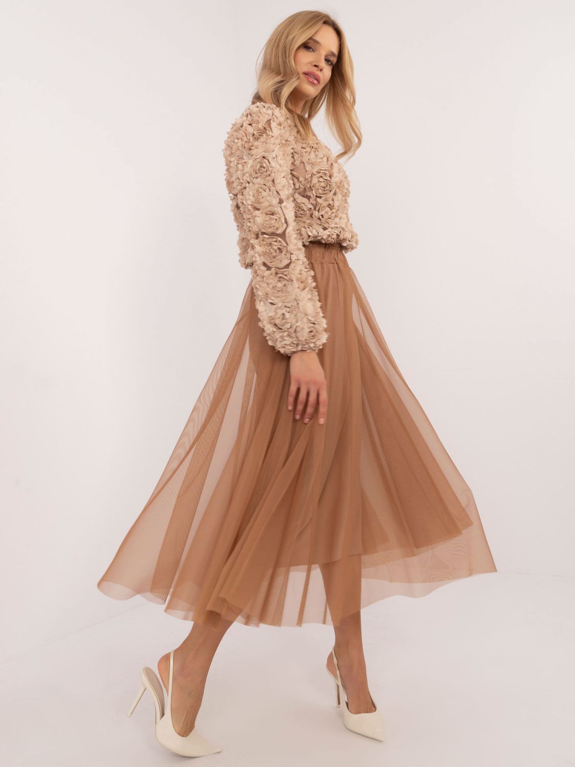 Midi Tulle Skirt in Camel Color