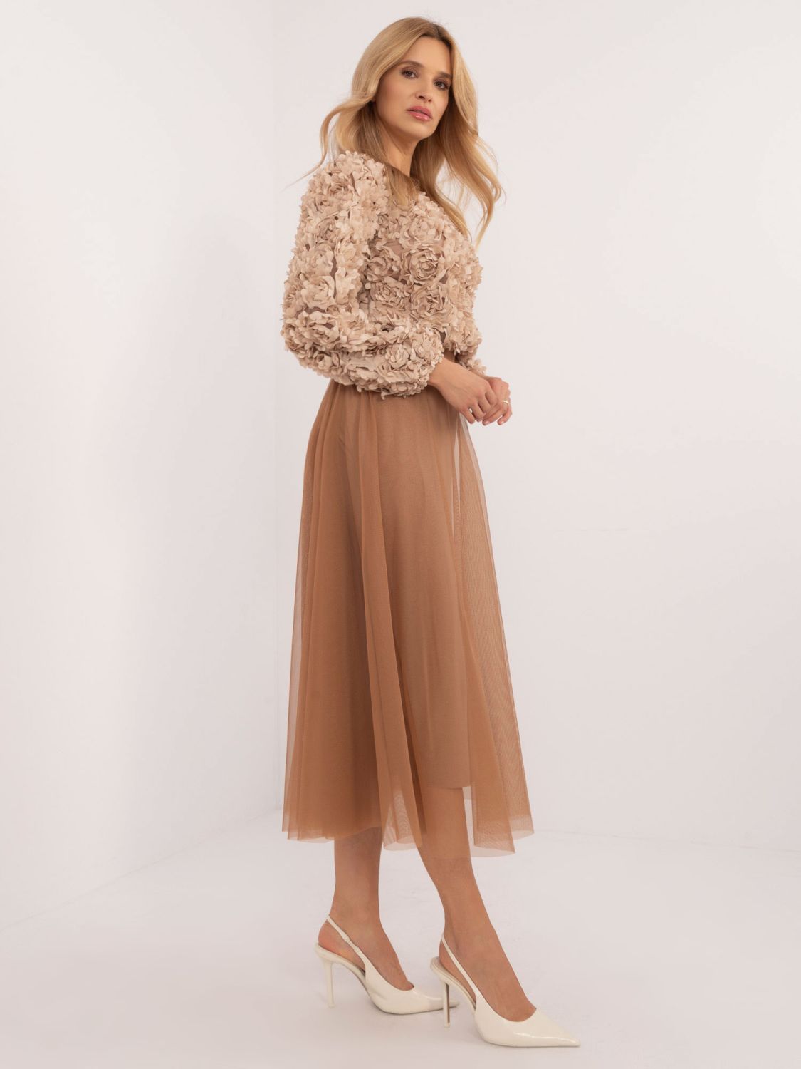 Midi Tulle Skirt in Camel Color