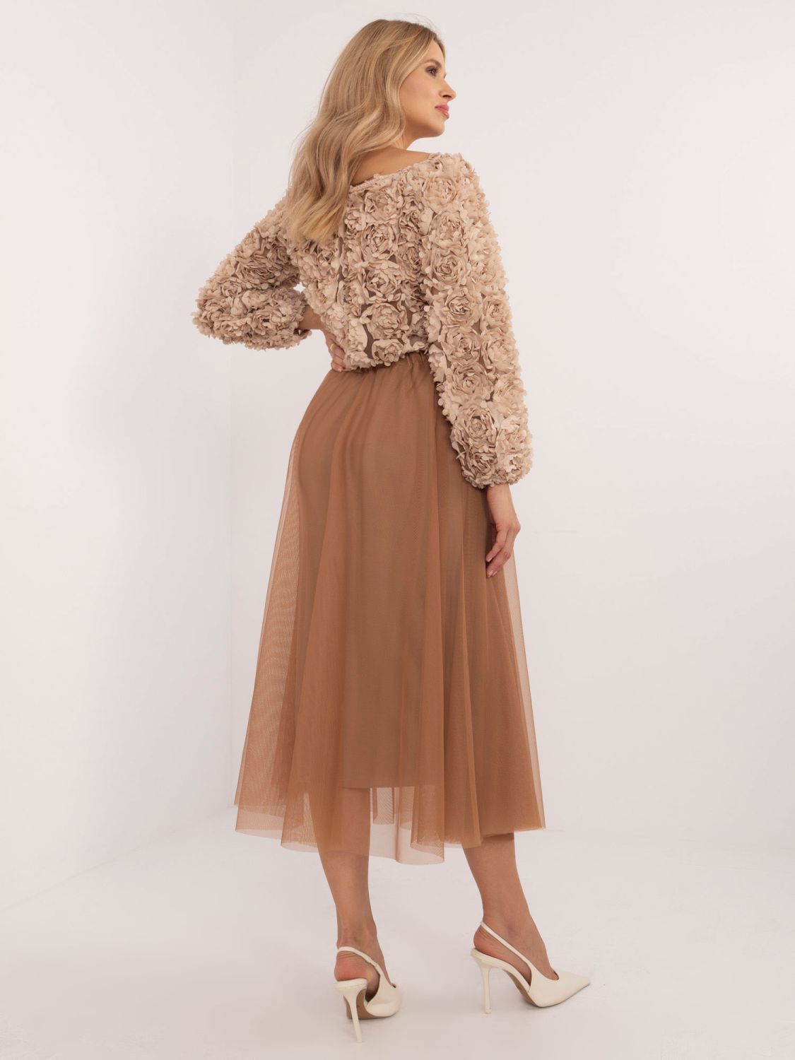 Midi Tulle Skirt in Camel Color