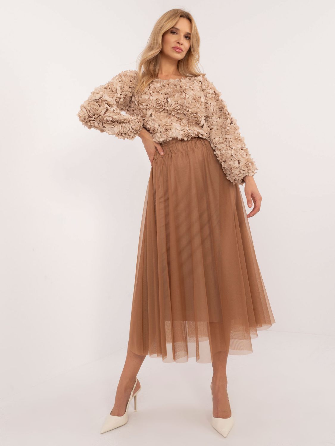 Midi Tulle Skirt in Camel Color