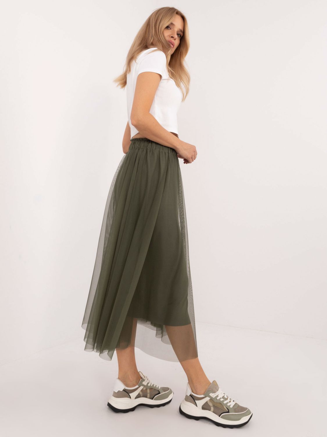 Midi Tulle Skirt in Khaki