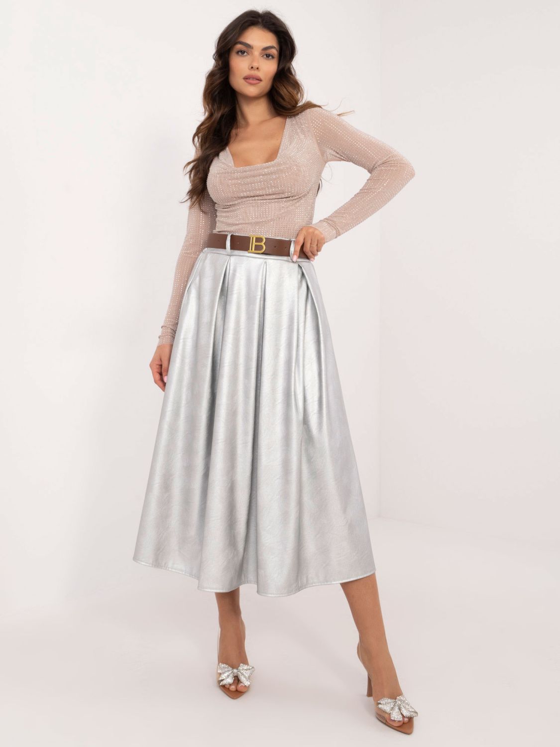 Elegant Silver Midi Skirt