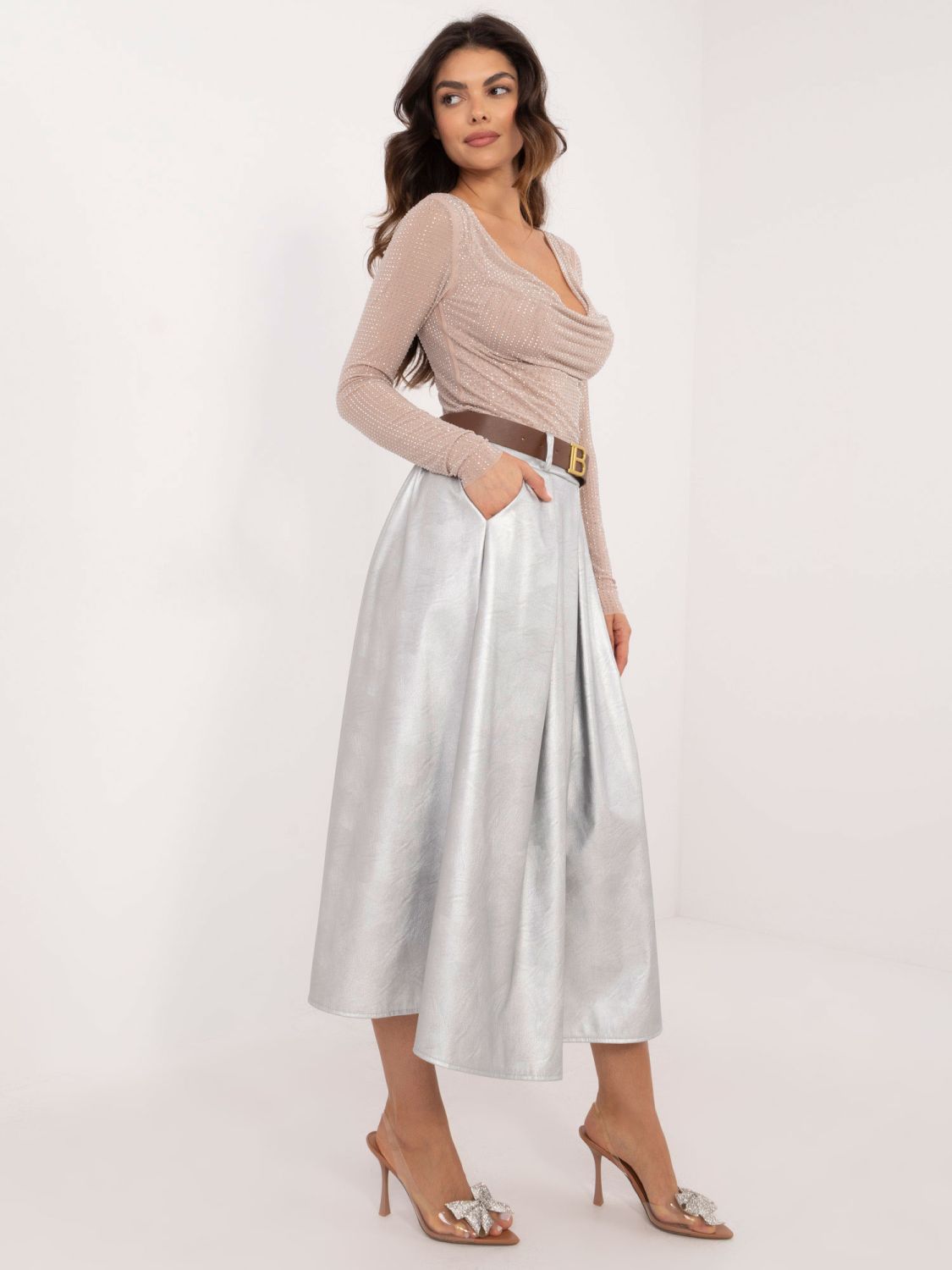 Elegant Silver Midi Skirt