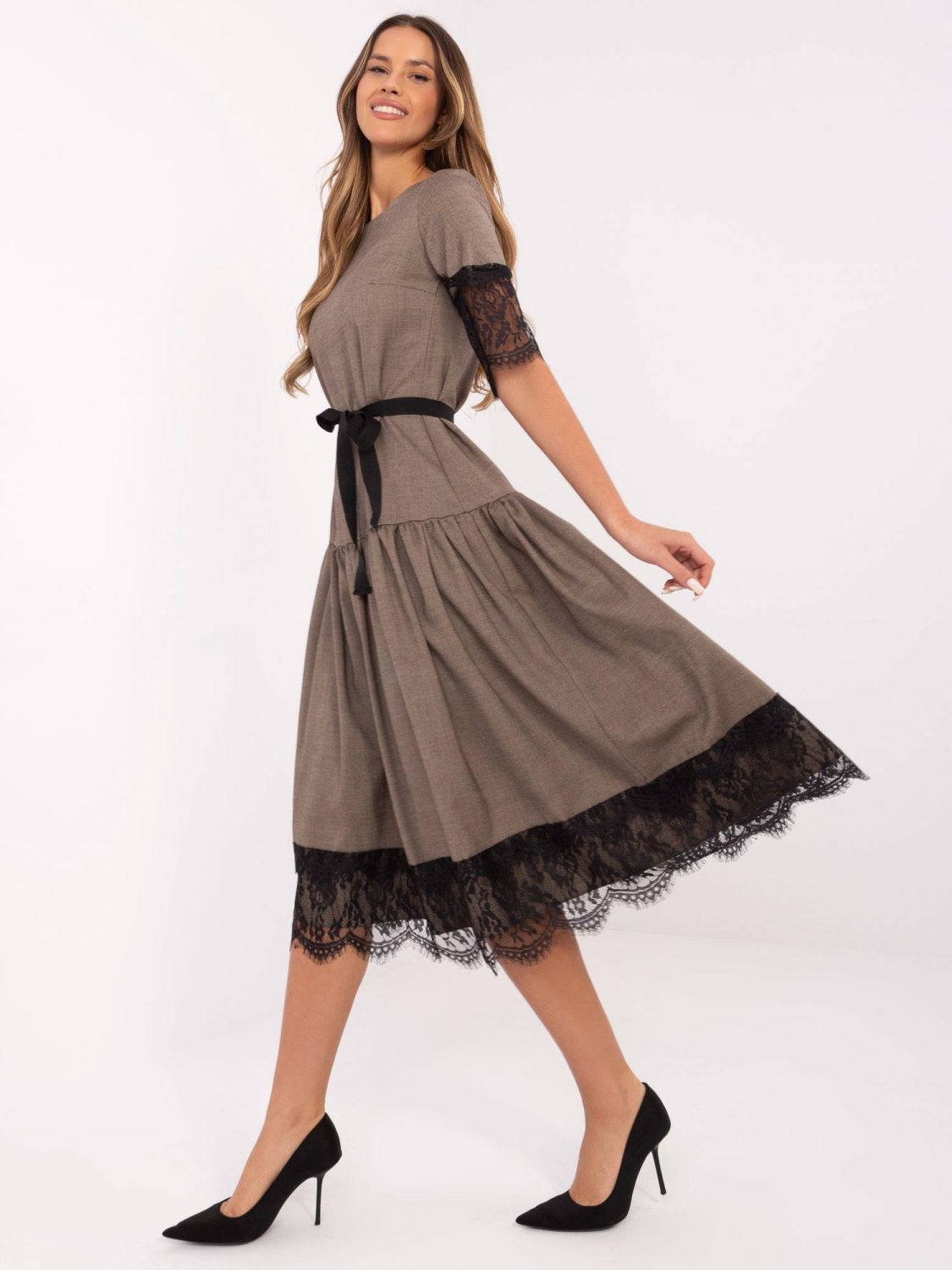 Beige Flared Dress with Lace