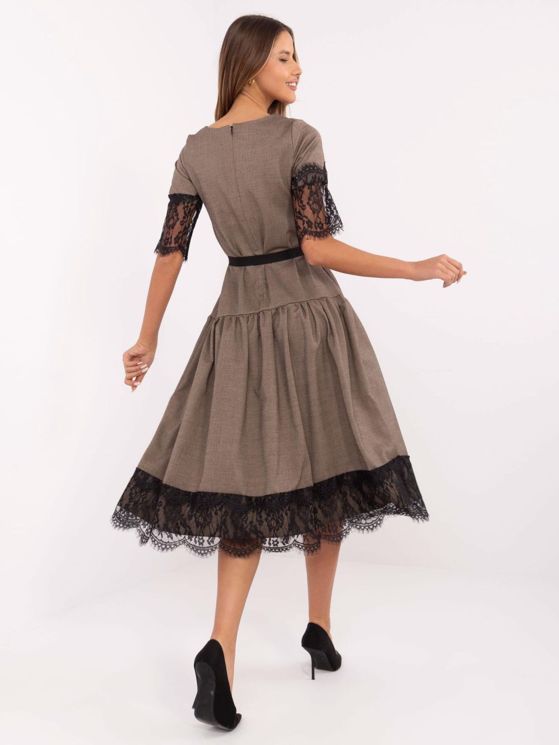 Beige Flared Dress with Lace