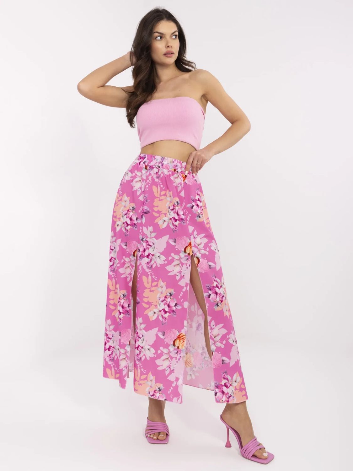 Pink Midi Skirt with Floral Pattern