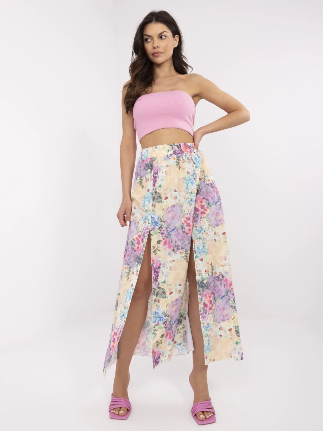 Beige Midi Skirt with Floral Pattern