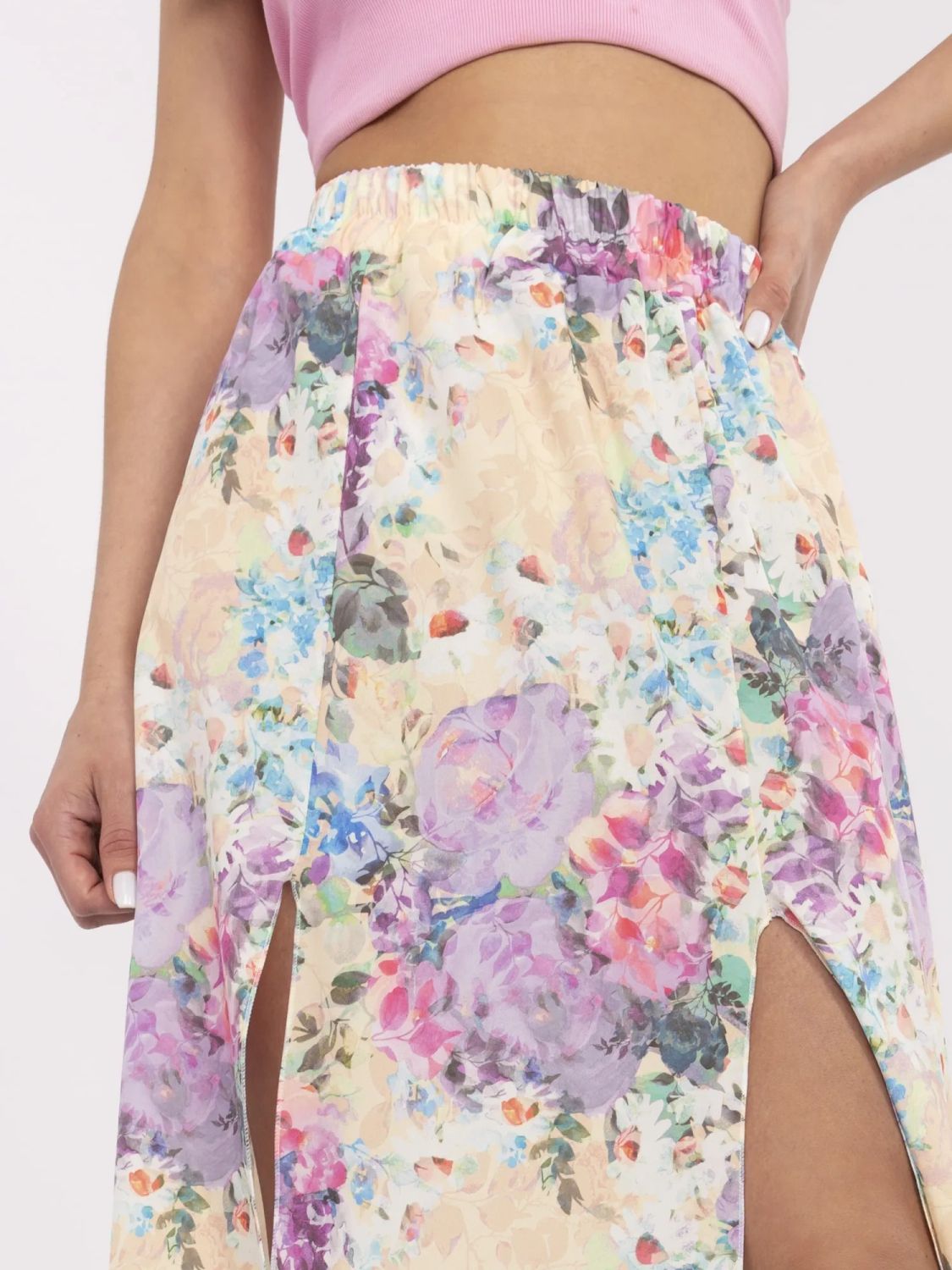 Beige Midi Skirt with Floral Pattern