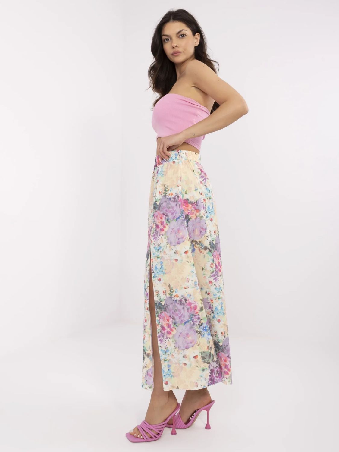 Beige Midi Skirt with Floral Pattern