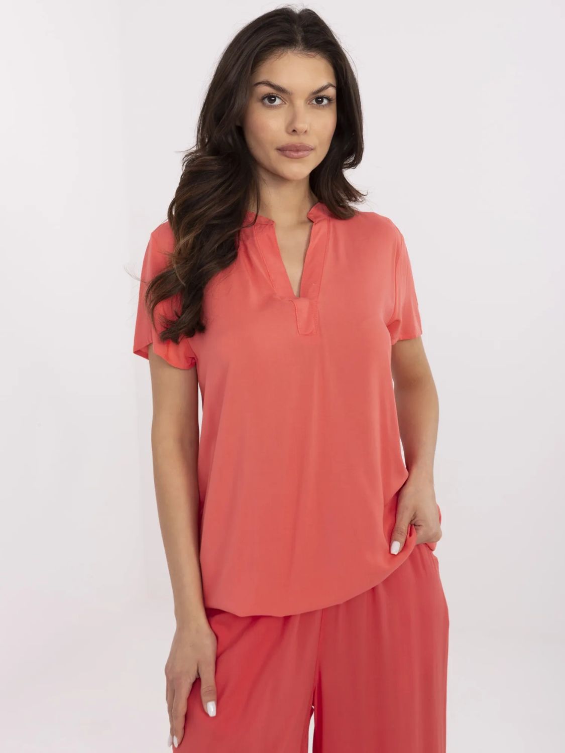 Coral Blouse with V Neck