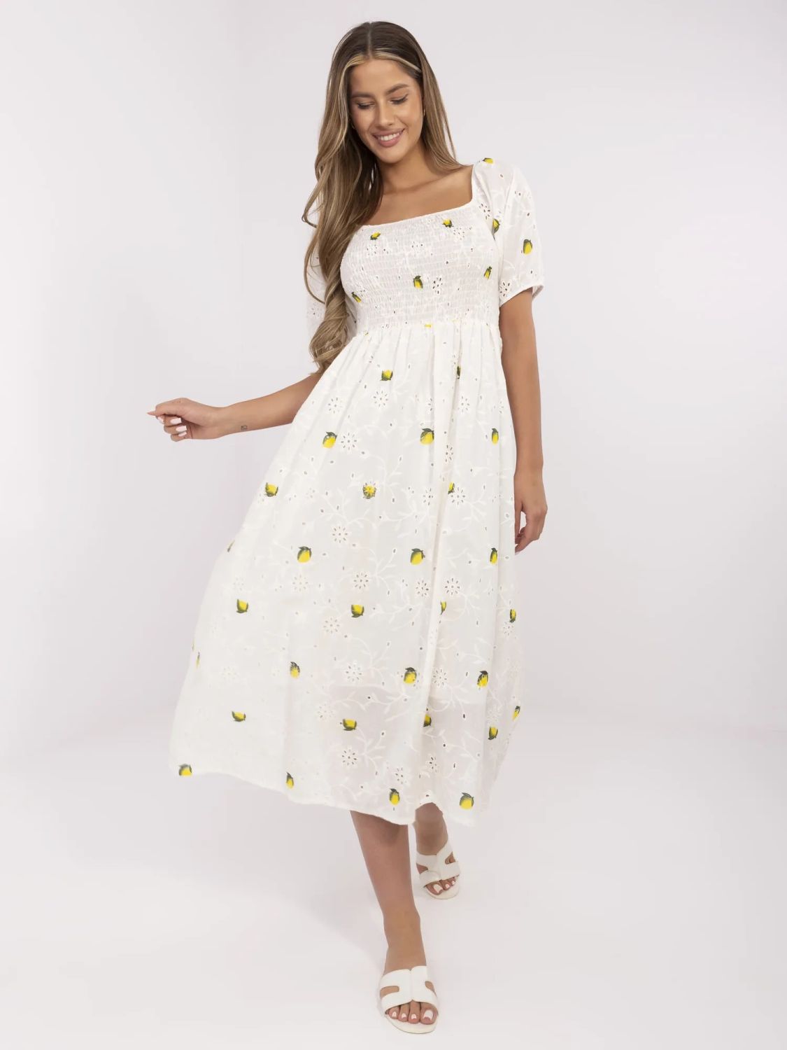 Ecru Flared Dress with Short Sleeves
