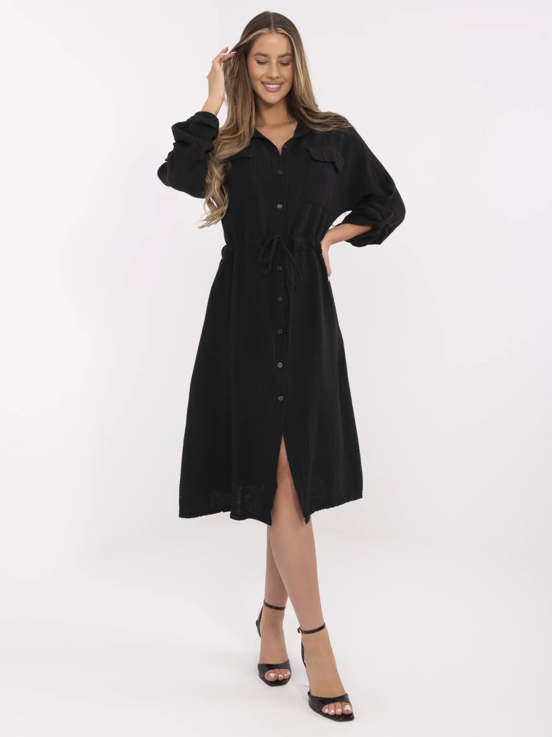 Stylish Black Midi Dress with Long Sleeves