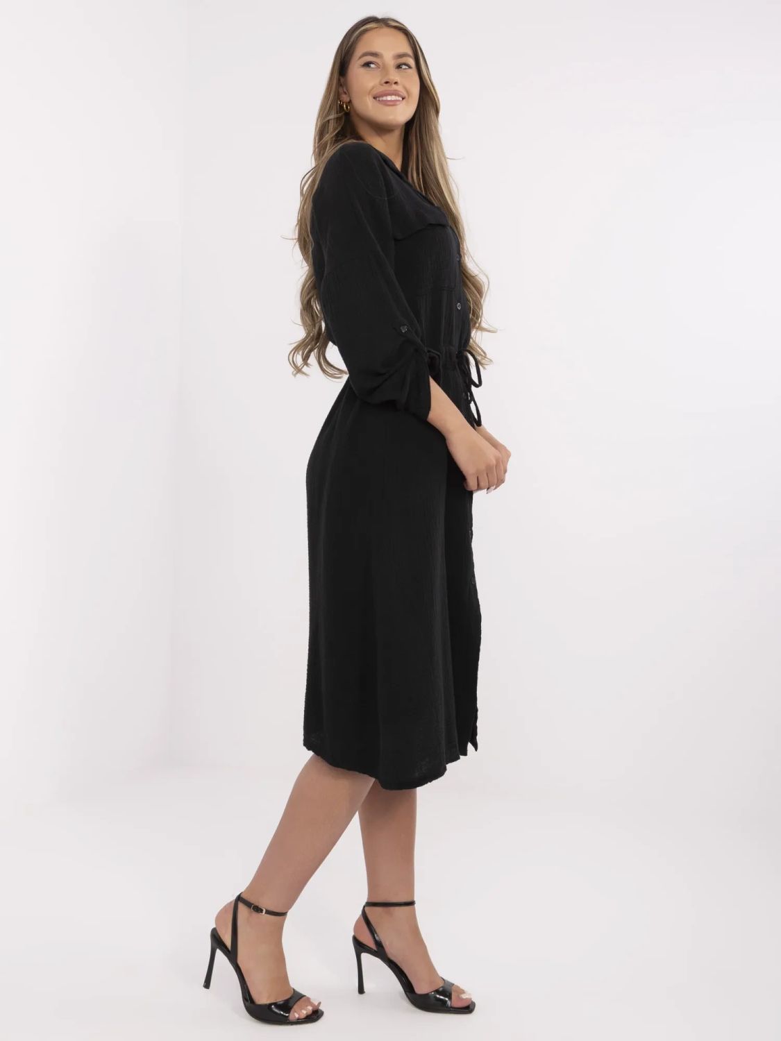 Stylish Black Midi Dress with Long Sleeves