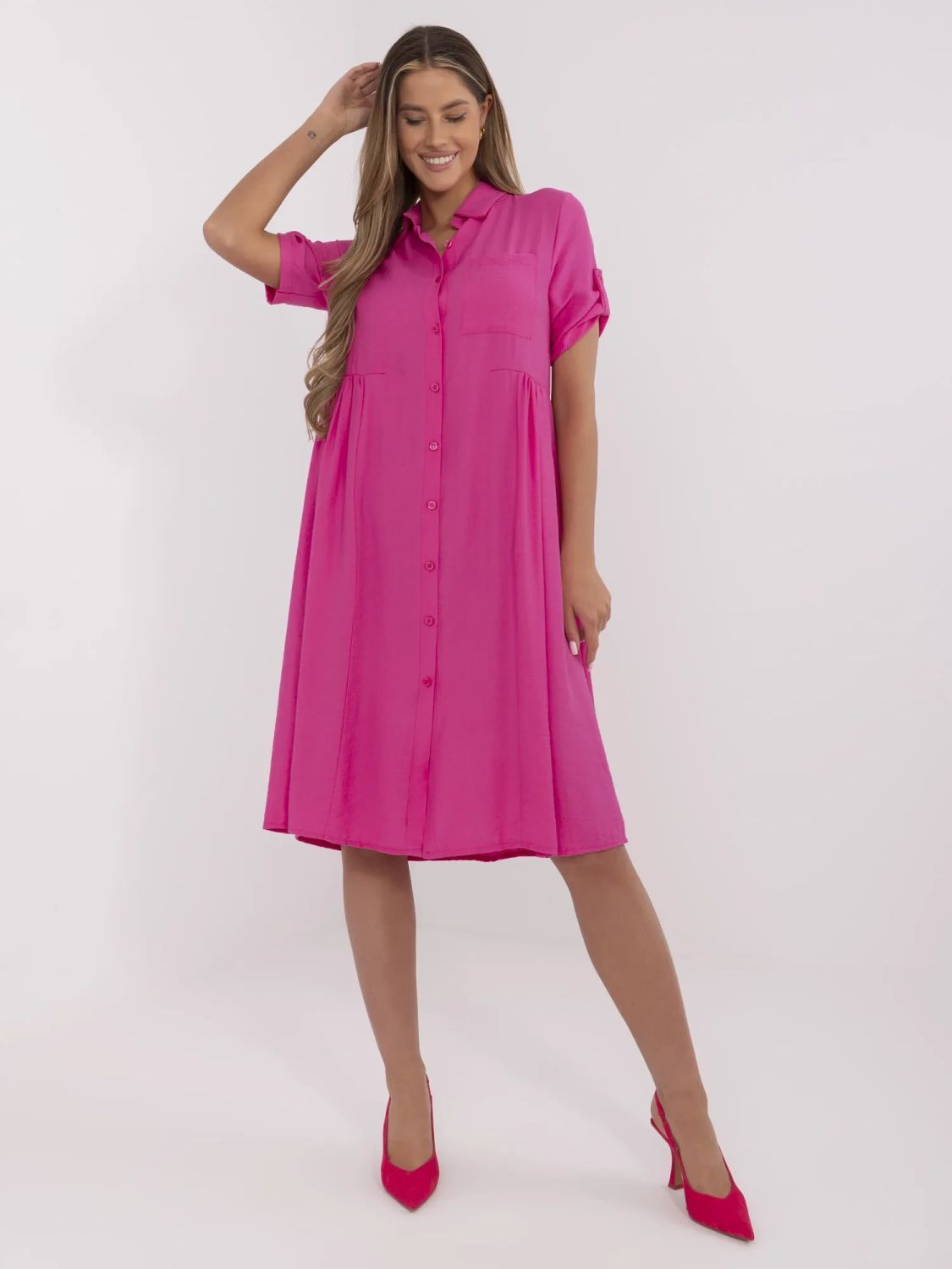 Pink Flared Dress with Short Sleeves
