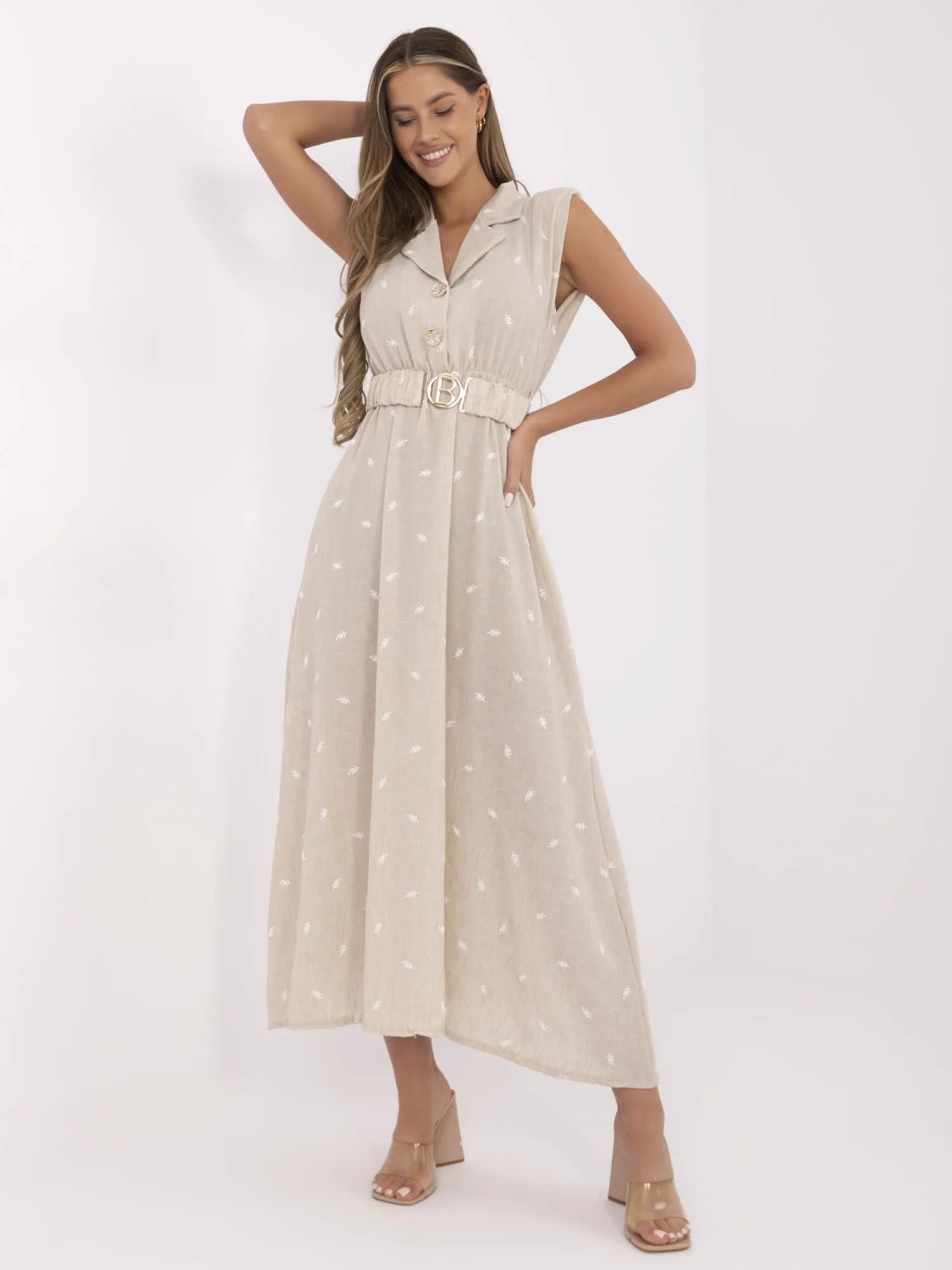 Beige Flared Dress with Embroidery