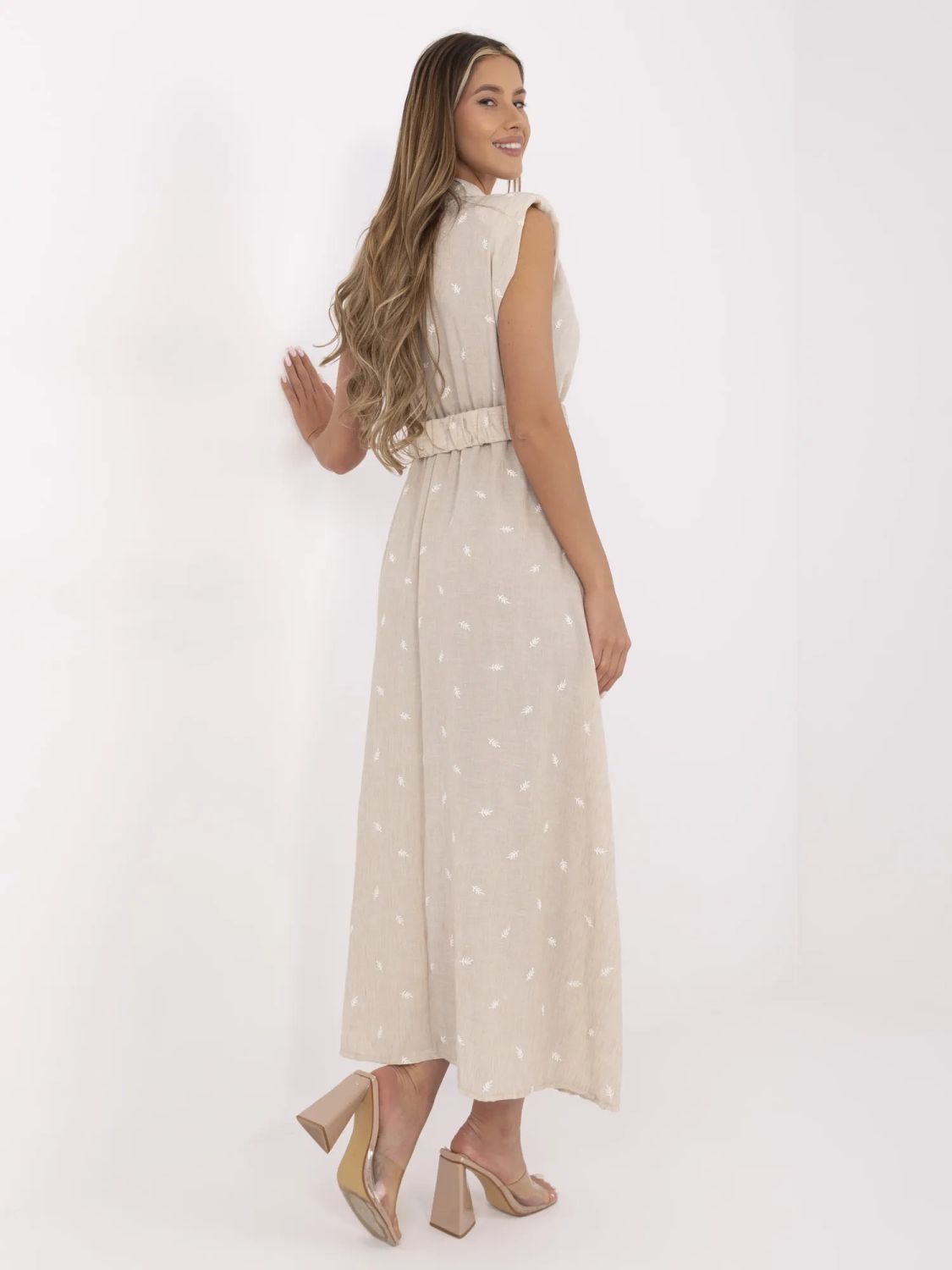 Beige Flared Dress with Embroidery